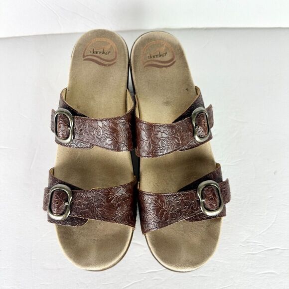 Dansko Sophie Tooled Leather Sandal Clog Size 41 US 10.5-11 Brown Buckle Comfort - Picture 5 of 10